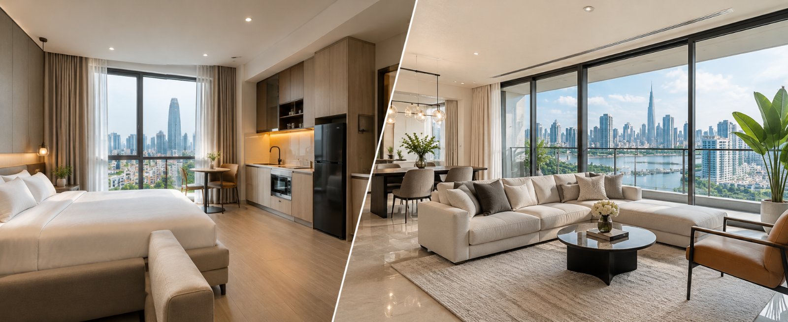 Interiors of a serviced apartment and a condominium